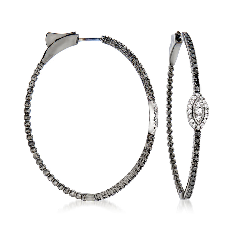14kt white gold diamond hoop earrings with black and white stones, hinged design