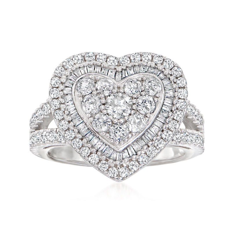 Sterling silver diamond heart cluster ring with halo and split shank