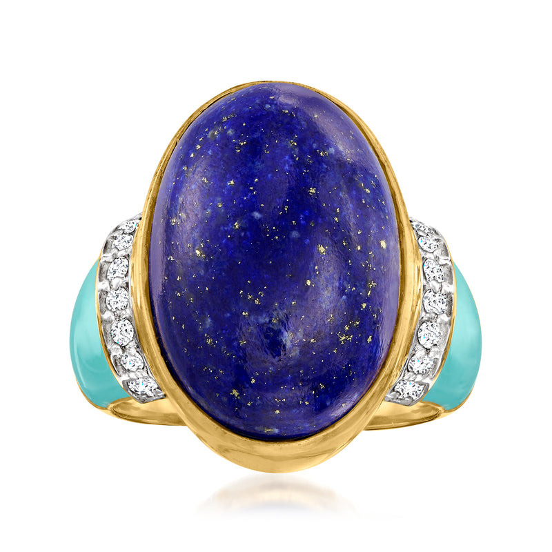 Oval lapis ring with teal enamel sides, diamond accents in gold over sterling