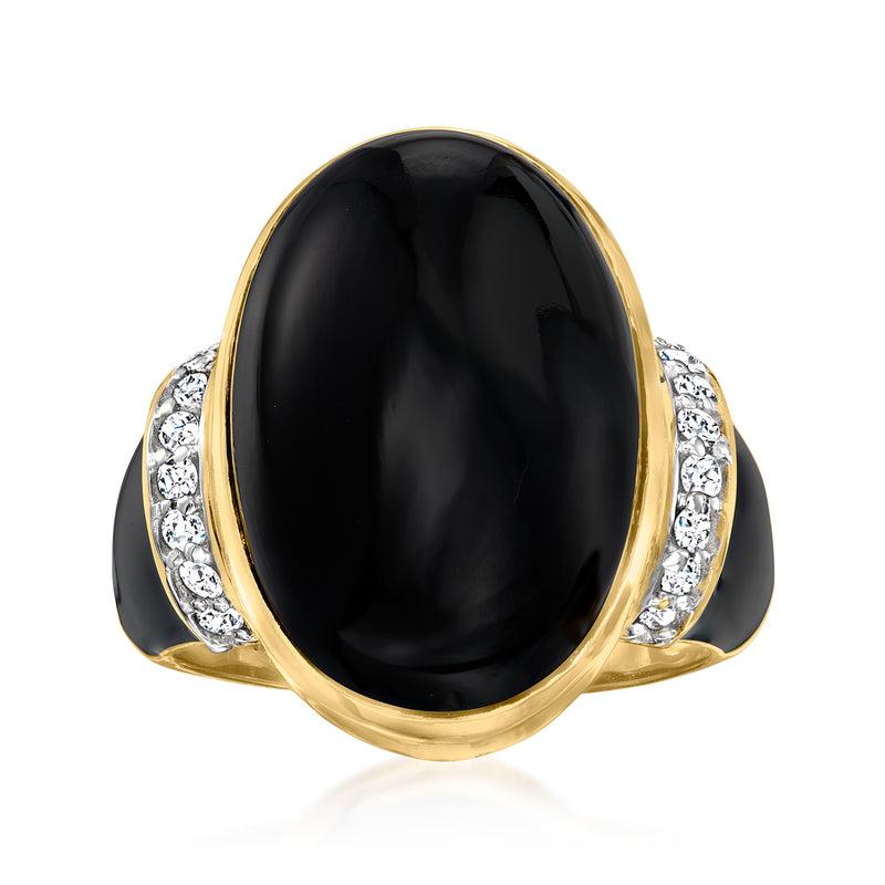 Gold-tone oval ring with black enamel center and white diamond side stones