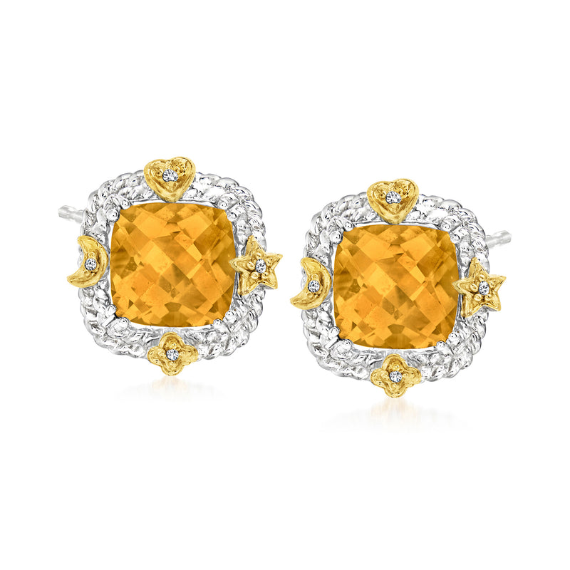Citrine cushion halo stud earrings in sterling silver with 14kt yellow gold and diamond accents