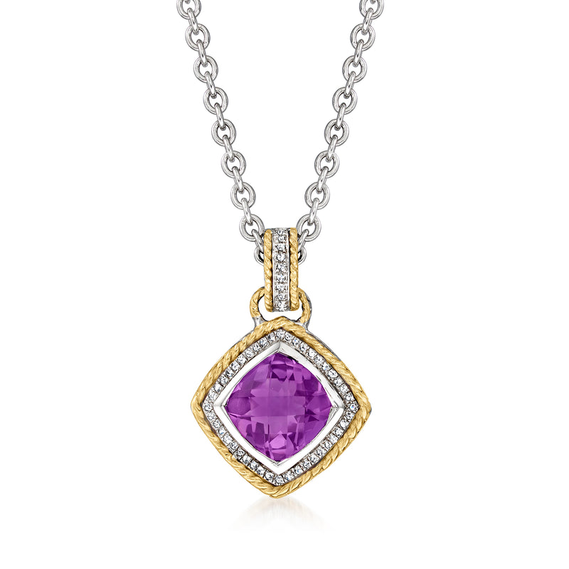 Amethyst pendant necklace in sterling silver with 14kt yellow gold frame and diamond halo