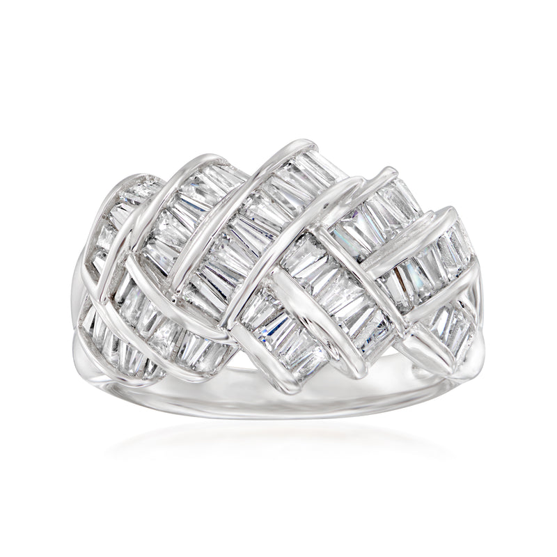 Sterling silver woven-style ring with baguette-cut CZ stones, prong-set