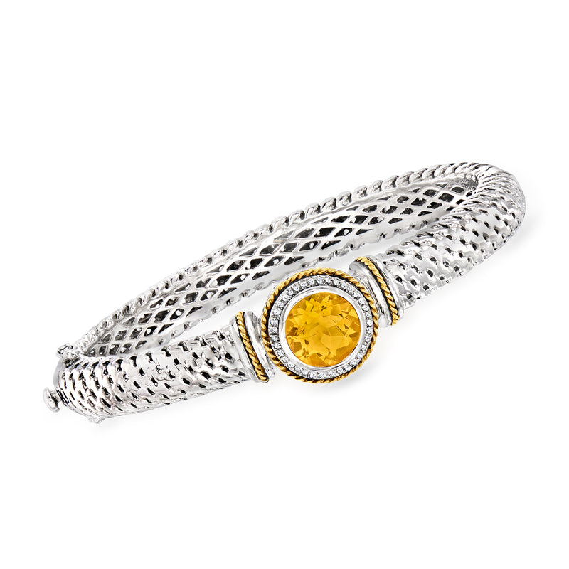 Sterling silver bangle bracelet with round citrine center, diamond halo, yellow gold bezel