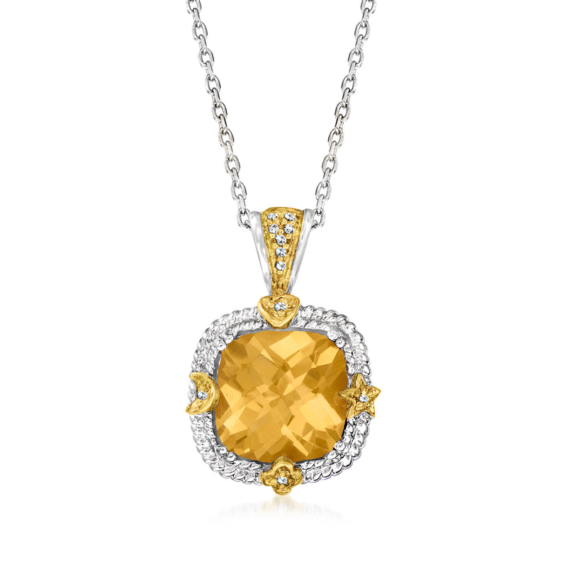 Citrine round pendant necklace with diamond halo, yellow-gold accents, sterling silver chain