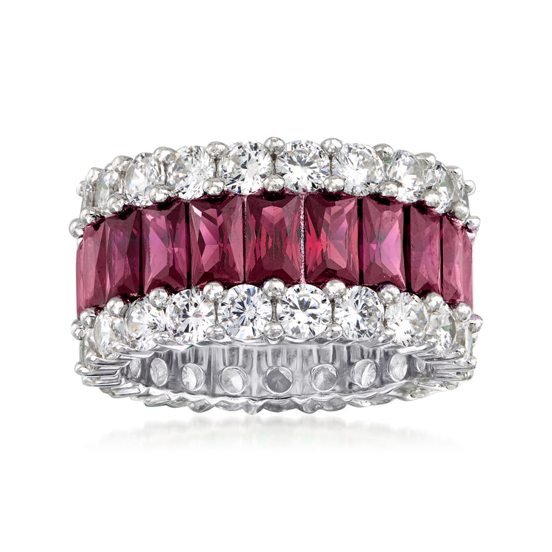Sterling silver ring with dark pink simulated ruby center stones and clear CZ accents