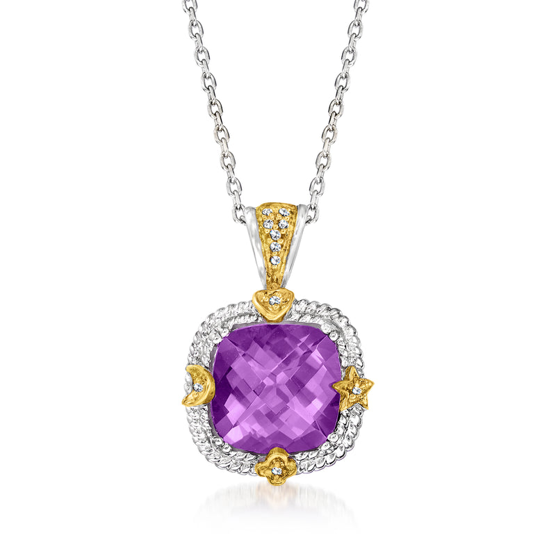 Amethyst pendant necklace with diamond halo, yellow gold charms, and sterling silver chain