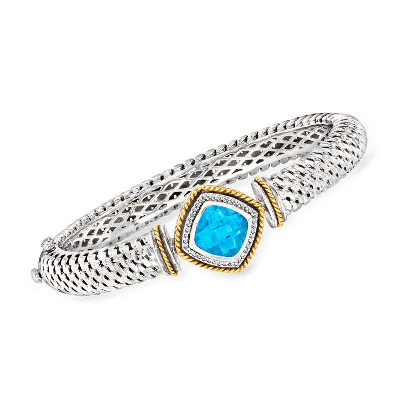 Sterling silver mesh bangle with oval Swiss blue topaz and yellow gold bezel accents