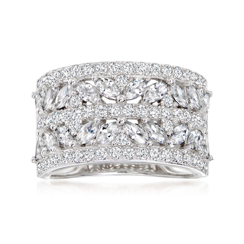 Sterling silver wide cz ring with round and marquise stones, high sparkle