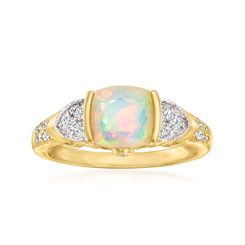 Gold over sterling ring with opal-color cushion stone and white zircon pave sides
