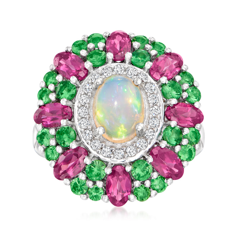 Sterling silver halo ring with oval opal center, pink and green gemstone accents