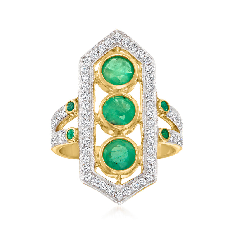 Gold cocktail ring with three green cabochon stones and white zircon halo