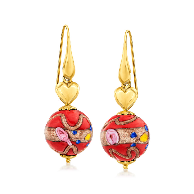 Gold over sterling drop earrings with multicolored Murano glass bead and heart motifs