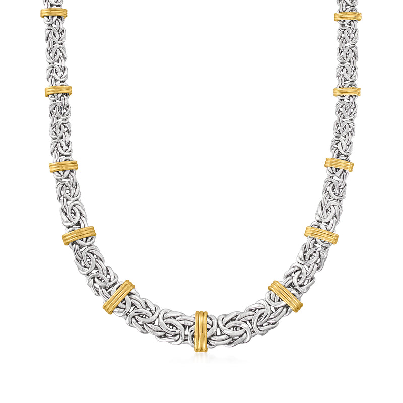 Graduated Byzantine sterling silver chain necklace with yellow gold bar spacers