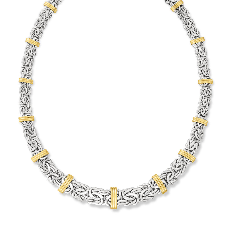 Sterling silver Byzantine necklace with repeating yellow gold knotted bars along links
