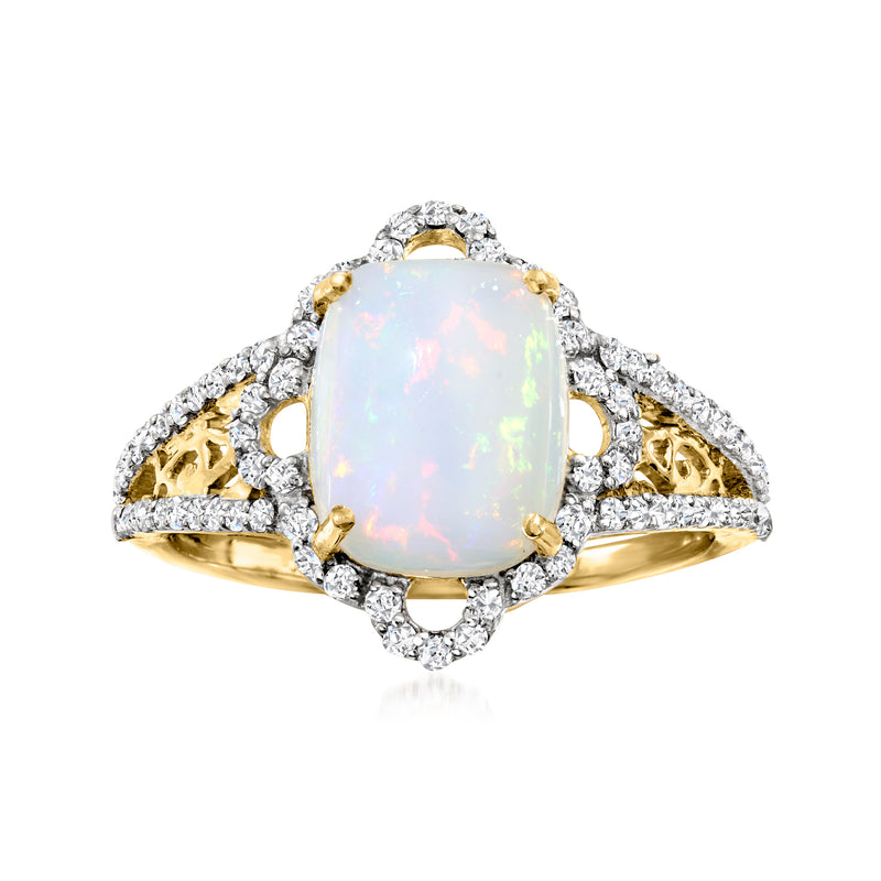 14kt yellow gold opal and diamond ring with oval opal center in diamond halo