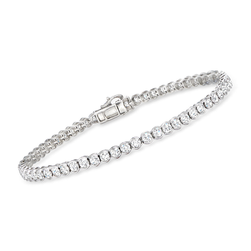 14kt white gold tennis bracelet with round bezel-set diamonds, hinged clasp