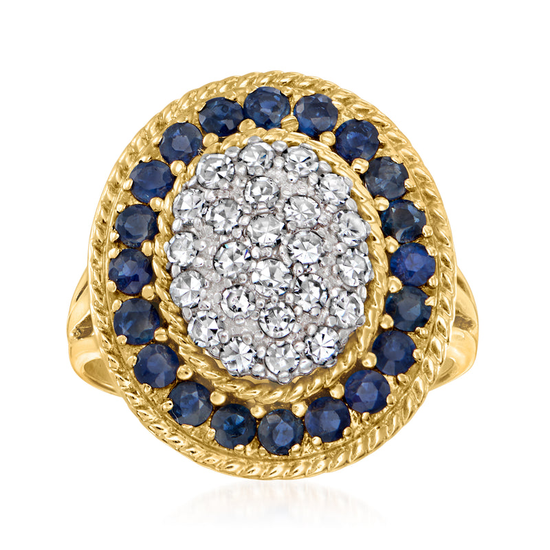 Vintage 14kt yellow gold ring with sapphire halo and diamond cluster center