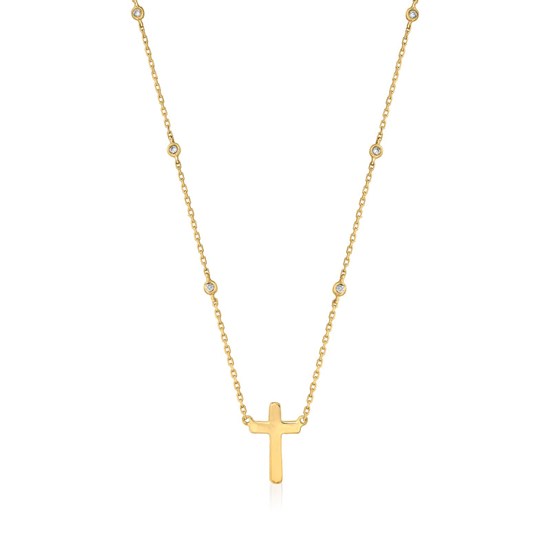 14kt yellow gold cross station necklace with small diamond stations and cross pendant