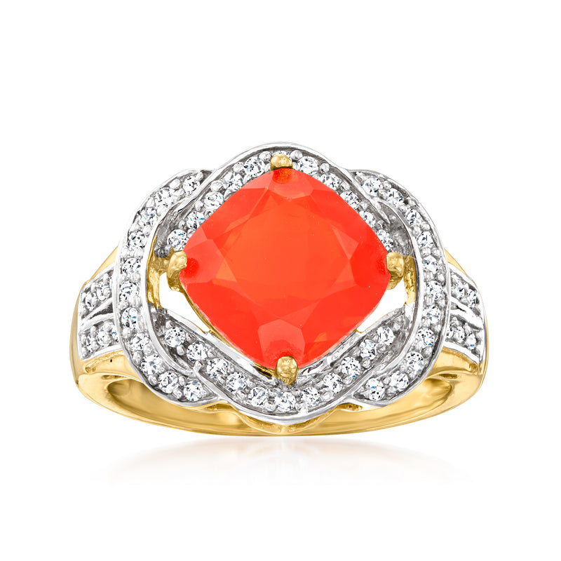 14kt yellow gold ring with cushion-cut red-orange opal and diamond halo