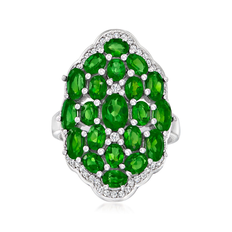 Sterling silver cluster ring with oval green chrome diopside and round diamond halo