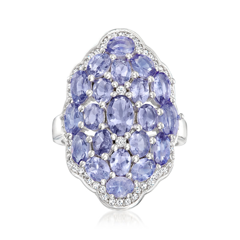 Sterling silver cluster ring with oval tanzanite and diamond accents