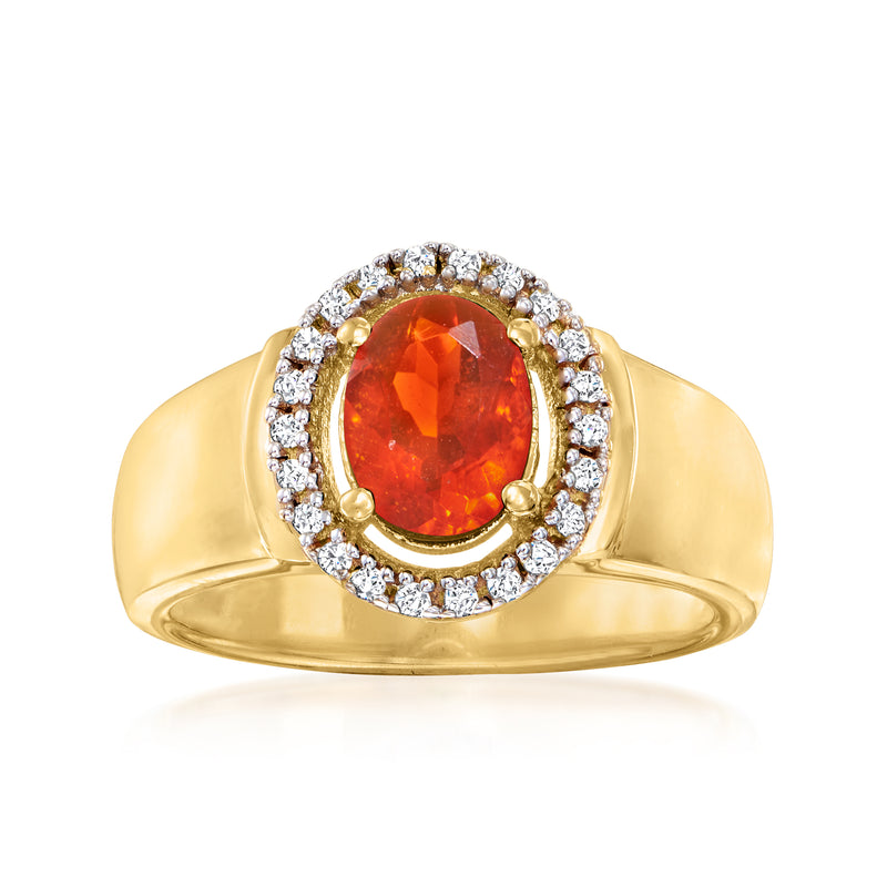 18kt gold over sterling ring with oval fire opal center and diamond halo