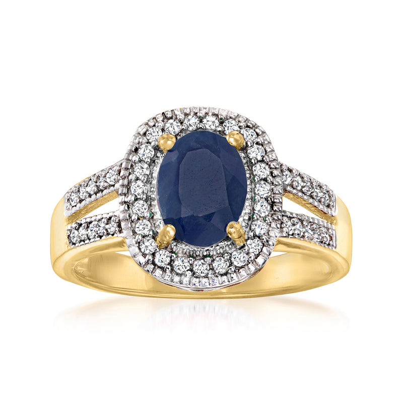 Gold over sterling ring with oval sapphire, diamond halo, and split shank