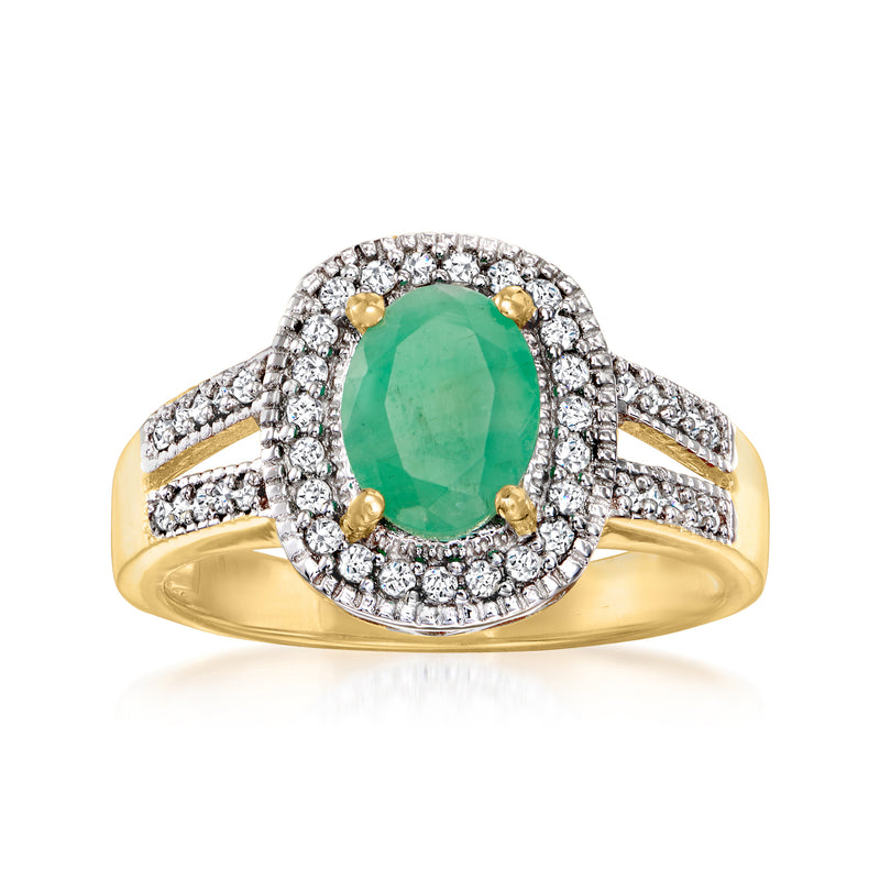 18k gold halo ring with oval green gemstone and diamond pave accents