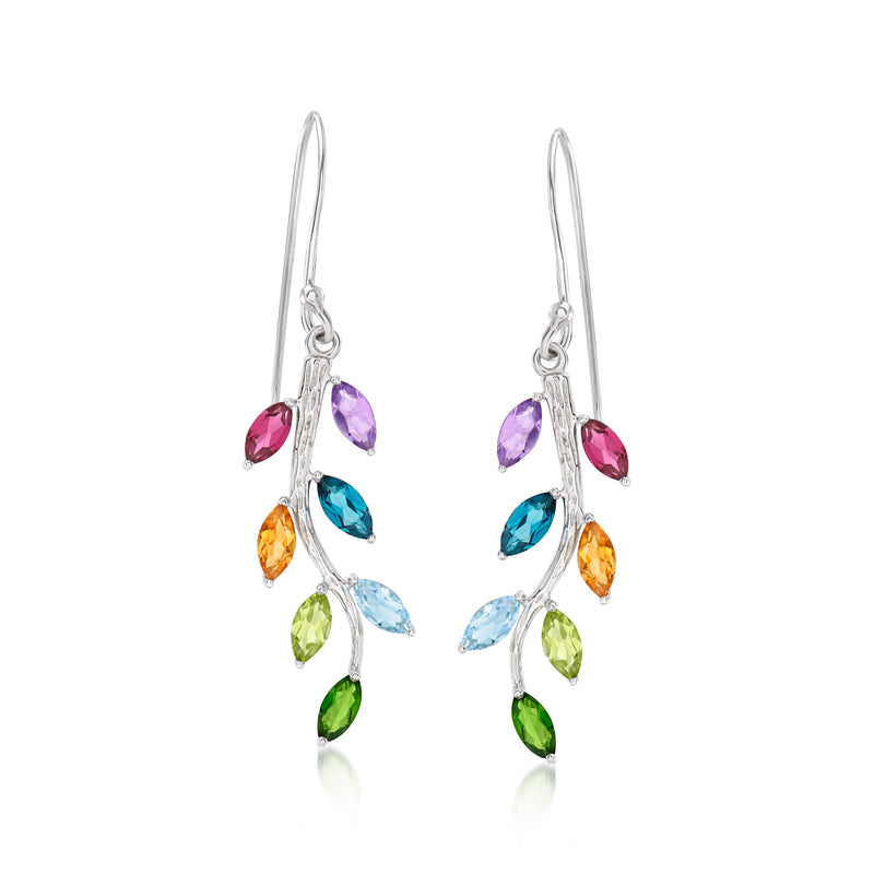 Sterling silver vine drop earrings with multicolor gemstone leaf drops