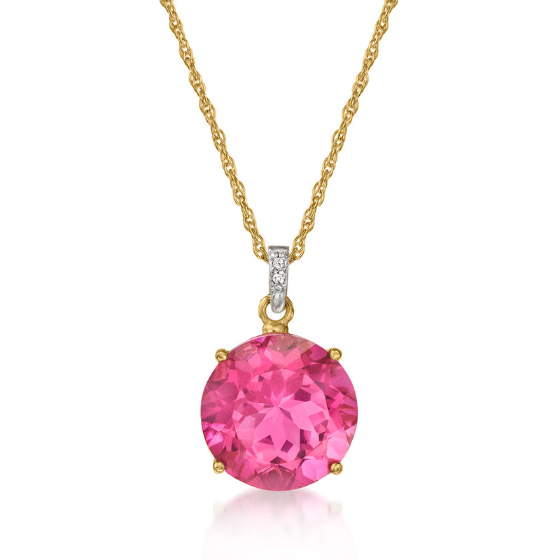 14kt yellow gold necklace with oval pink quartz pendant and small diamond accents