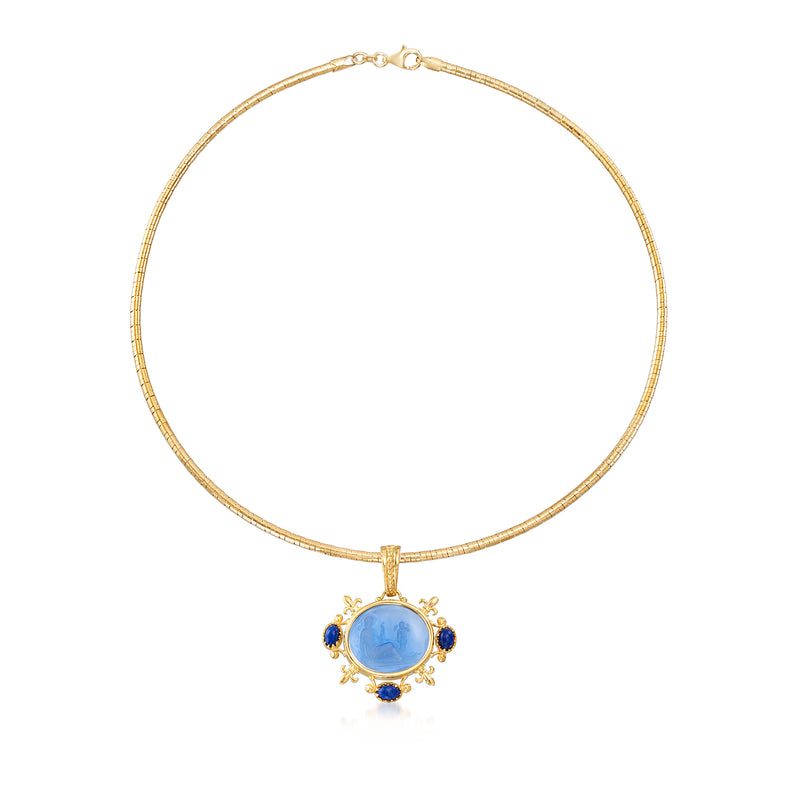 18kt gold over sterling omega necklace with blue oval glass pendant and small blue accents
