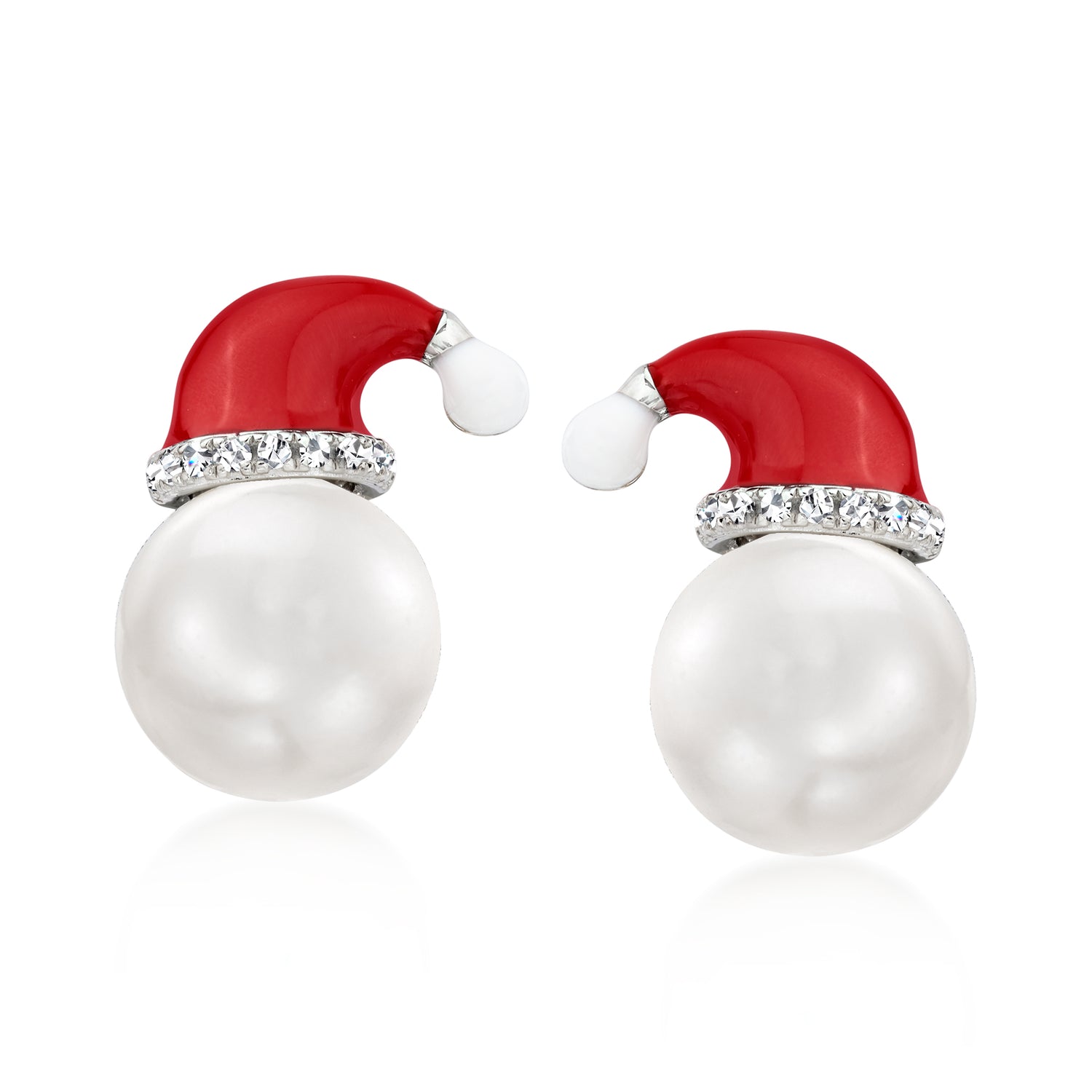 8-8.5mm Cultured Pearl and Diamond Santa Hat Earrings with Multicolored Enamel in Sterling Silver