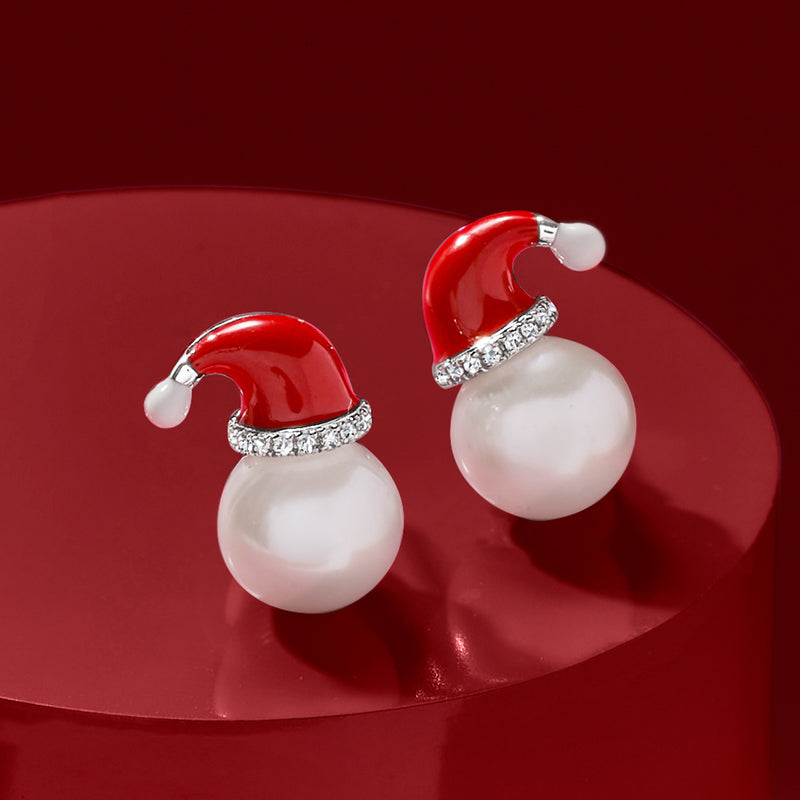8-8.5mm Cultured Pearl and Diamond Santa Hat Earrings with Multicolored Enamel in Sterling Silver