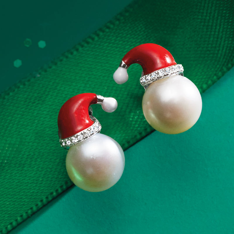 8-8.5mm Cultured Pearl and Diamond Santa Hat Earrings with Multicolored Enamel in Sterling Silver