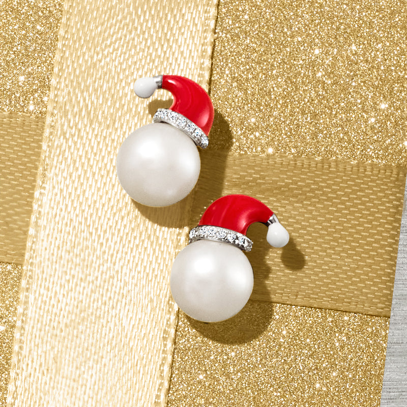 8-8.5mm Cultured Pearl and Diamond Santa Hat Earrings with Multicolored Enamel in Sterling Silver