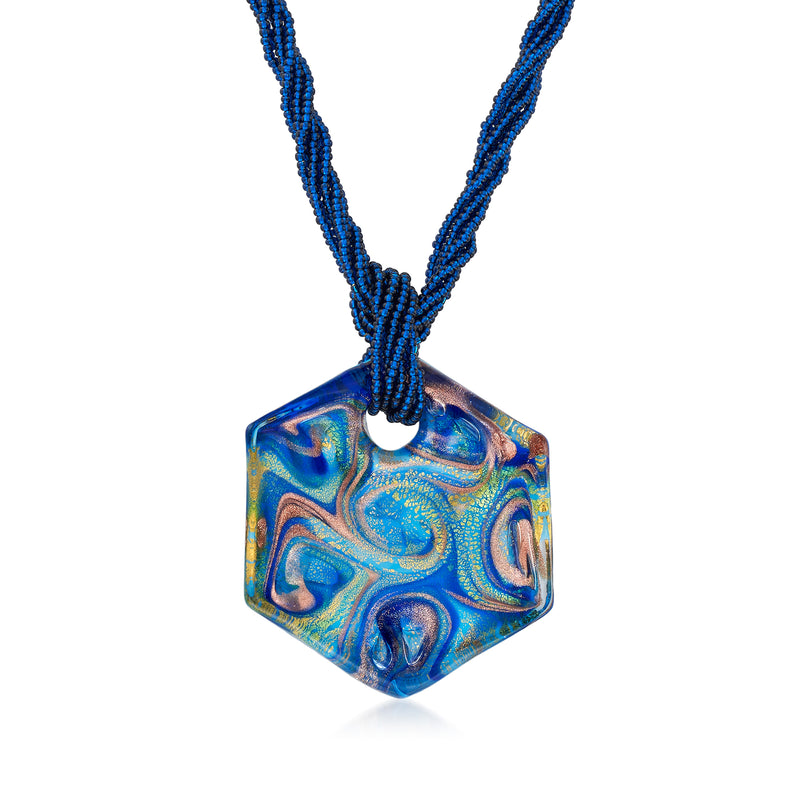Multicolored hexagon Murano glass pendant necklace with blue tones and gold-tone bail, on blue beads