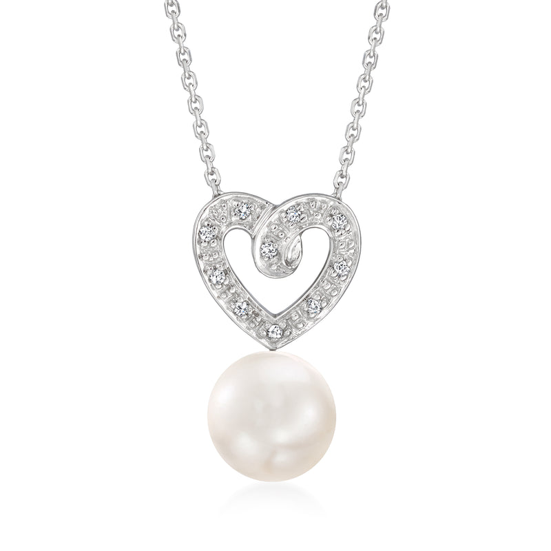 14kt white gold heart pendant necklace with diamond accents and a cultured pearl drop