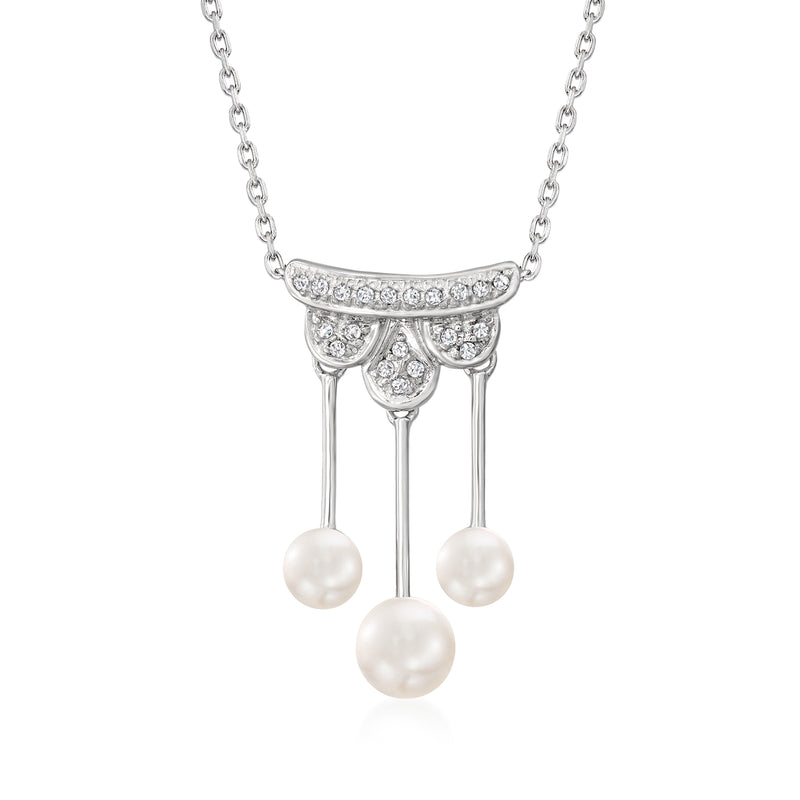 Sterling silver necklace with cultured pearl drops and curved diamond-like frame