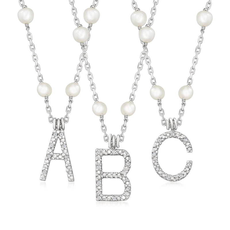 Sterling silver initial necklace with diamond accents and white cultured pearl stations, A