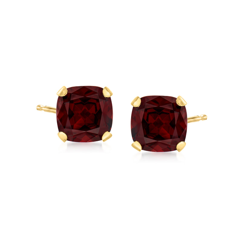 14kt yellow gold garnet stud earrings with dark red cushion-cut stones, 4-prong bezel