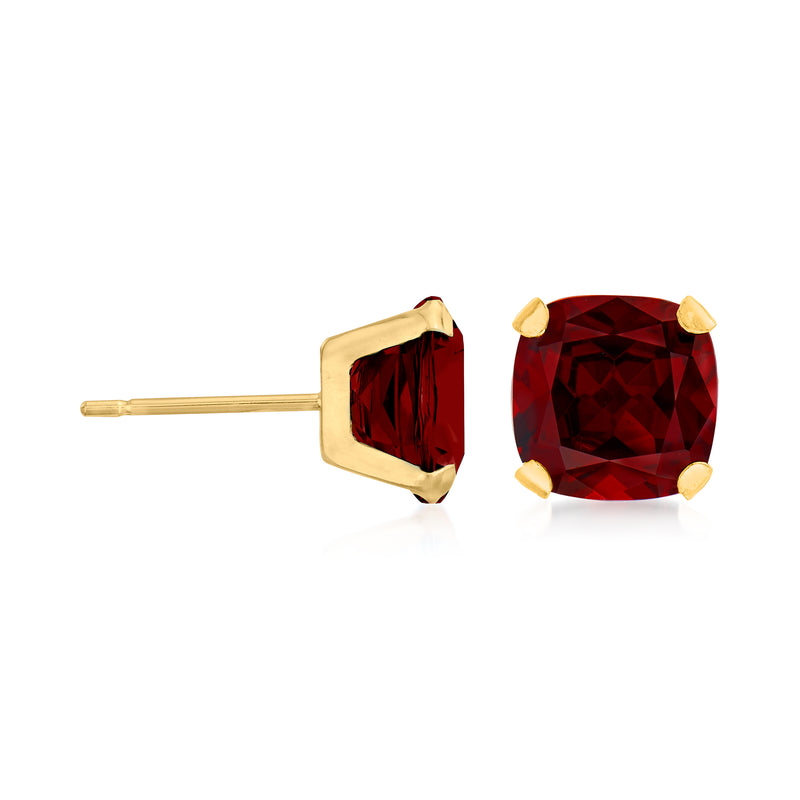 14kt yellow gold garnet stud earrings, side view of dark red cushion-cut stones