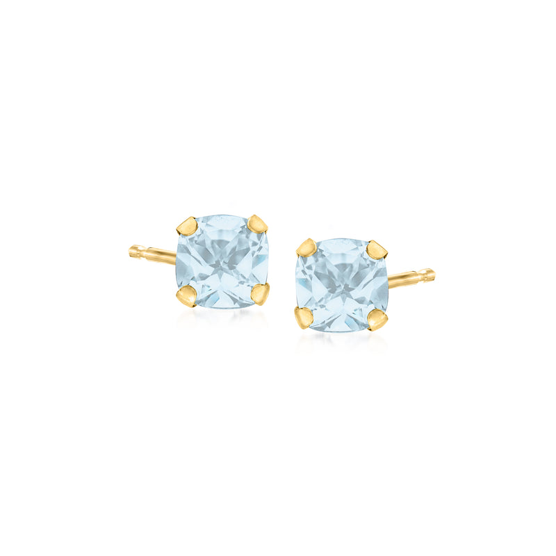Aquamarine stud earrings in 14kt yellow gold, square cushion stones
