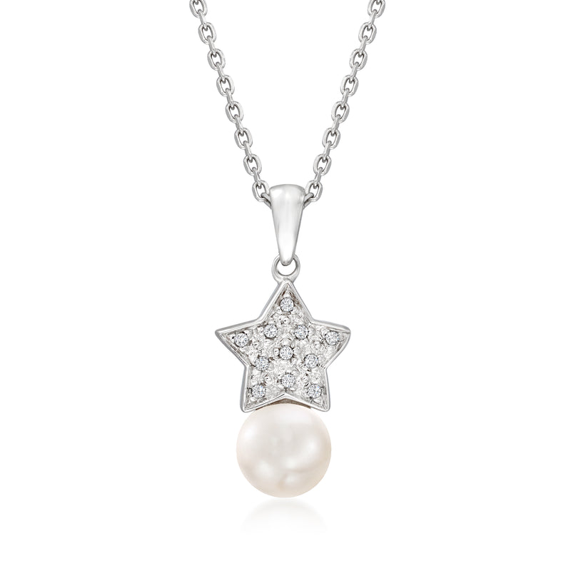 Sterling silver star pendant necklace with cultured pearl and diamond-accented center