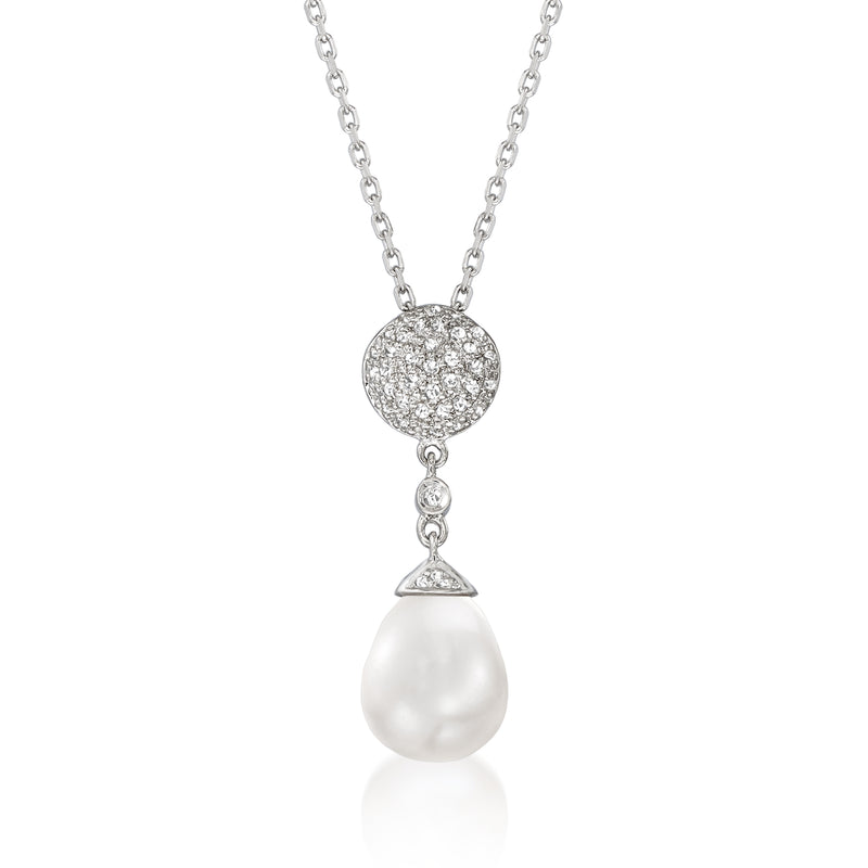 Sterling silver diamond circle pendant necklace with cultured pearl