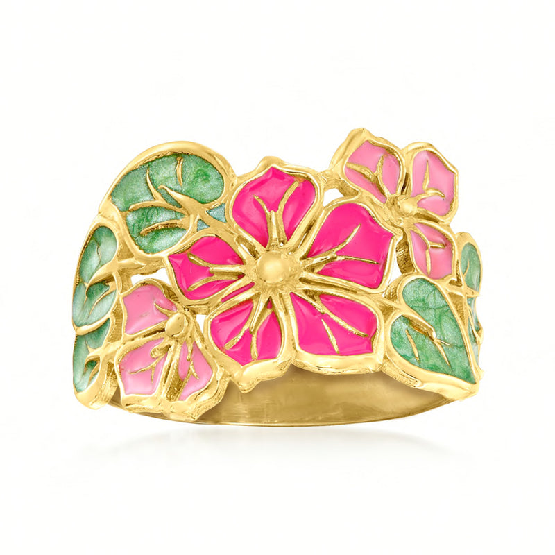 14kt yellow gold enamel flower ring with pink and green petals