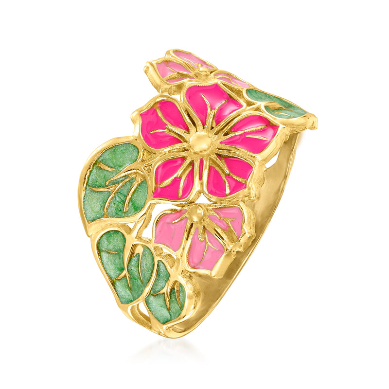 Yellow gold enamel flower ring, pink blossoms with green leaf details