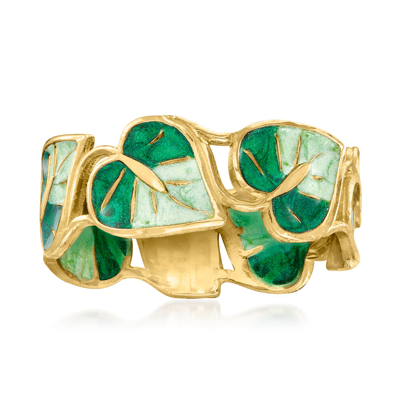 14kt yellow gold ring with green enamel heart-shaped leaf segments, openwork design