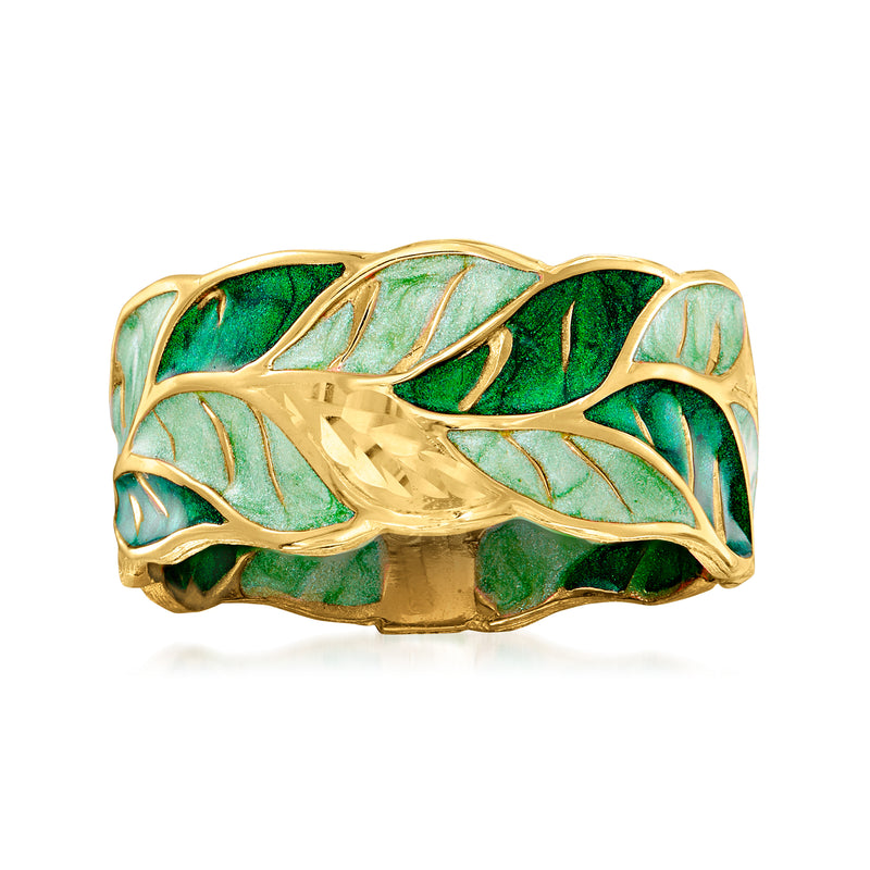 14kt yellow gold leaf ring with green enamel and scalloped lattice sides
