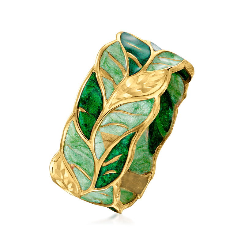 14kt yellow gold leaf enamel ring, side view with scalloped openwork band